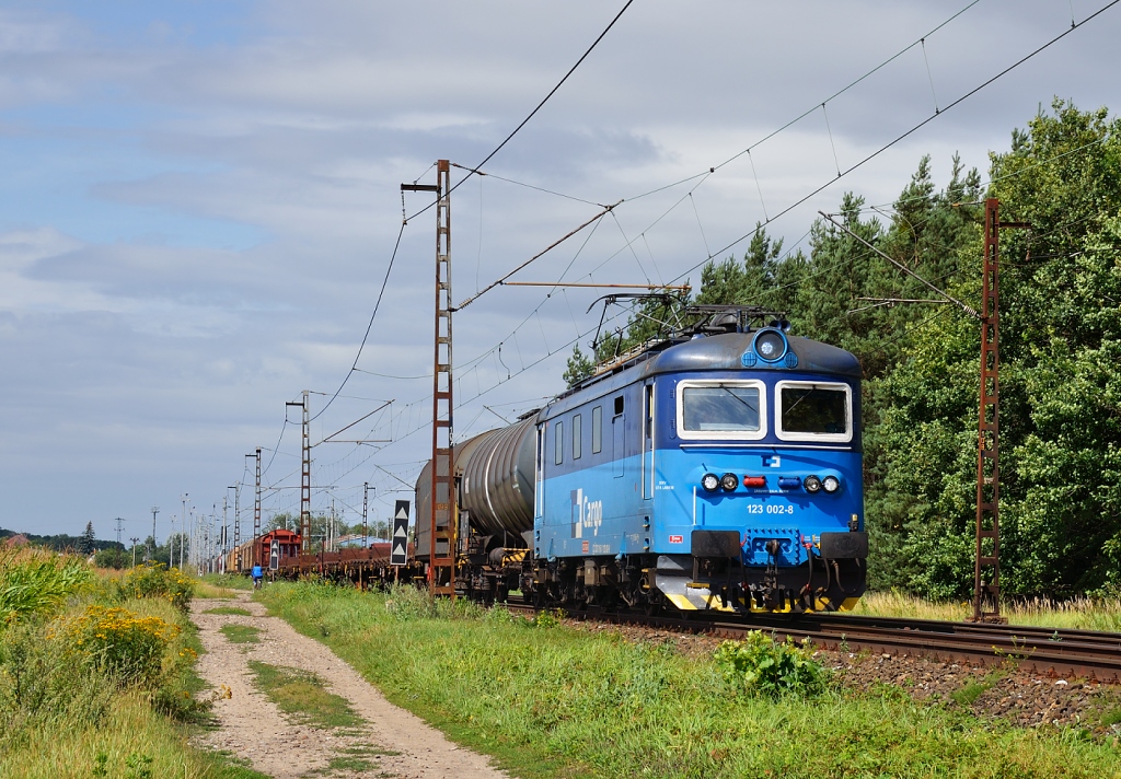 Lokomotiva 123 002-8, Rn 45313  (Engelsdorf – Dresden – Děčín východ – Mělník – Nymburk – Kolín – Česká Třebová), Velký Osek – Veltruby, 11.8.2011 14:43 - Trainweb